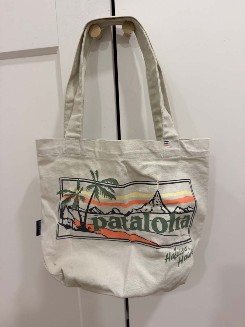 Patagonia Cream Canvas Tote with Orange, Yellow and Green Graphic